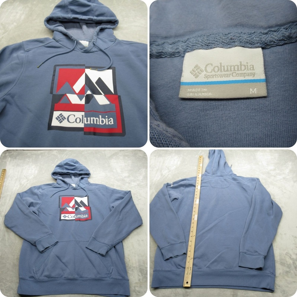 Columbia Hoodie Mens Medium Blue Logo Graphic Pockets Fleece Pullover Sweatshirt